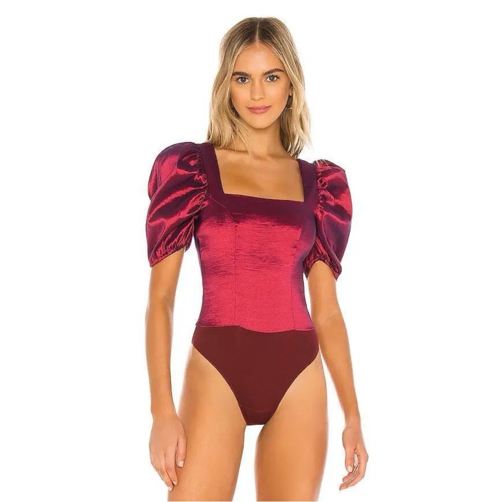 MAJORELLE Cruz Bodysuit In Wine Burgundy Puff Sleeve Top Size S